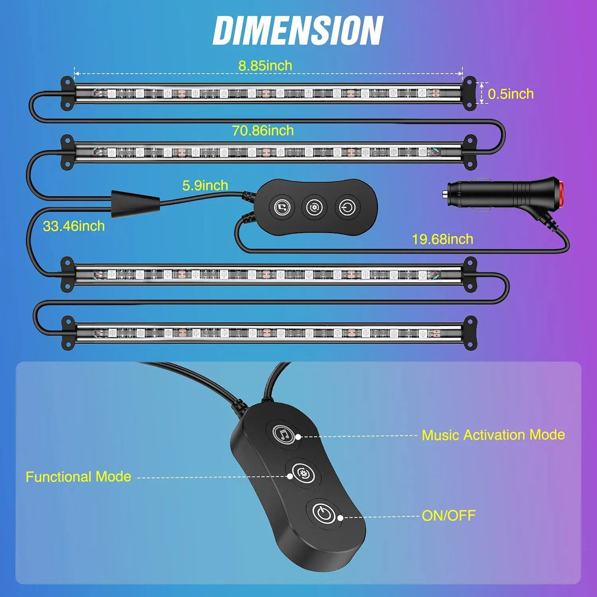 Led light Strip 48Leds RGB Interior Light Strip APP Remote Dual Control 4PCS