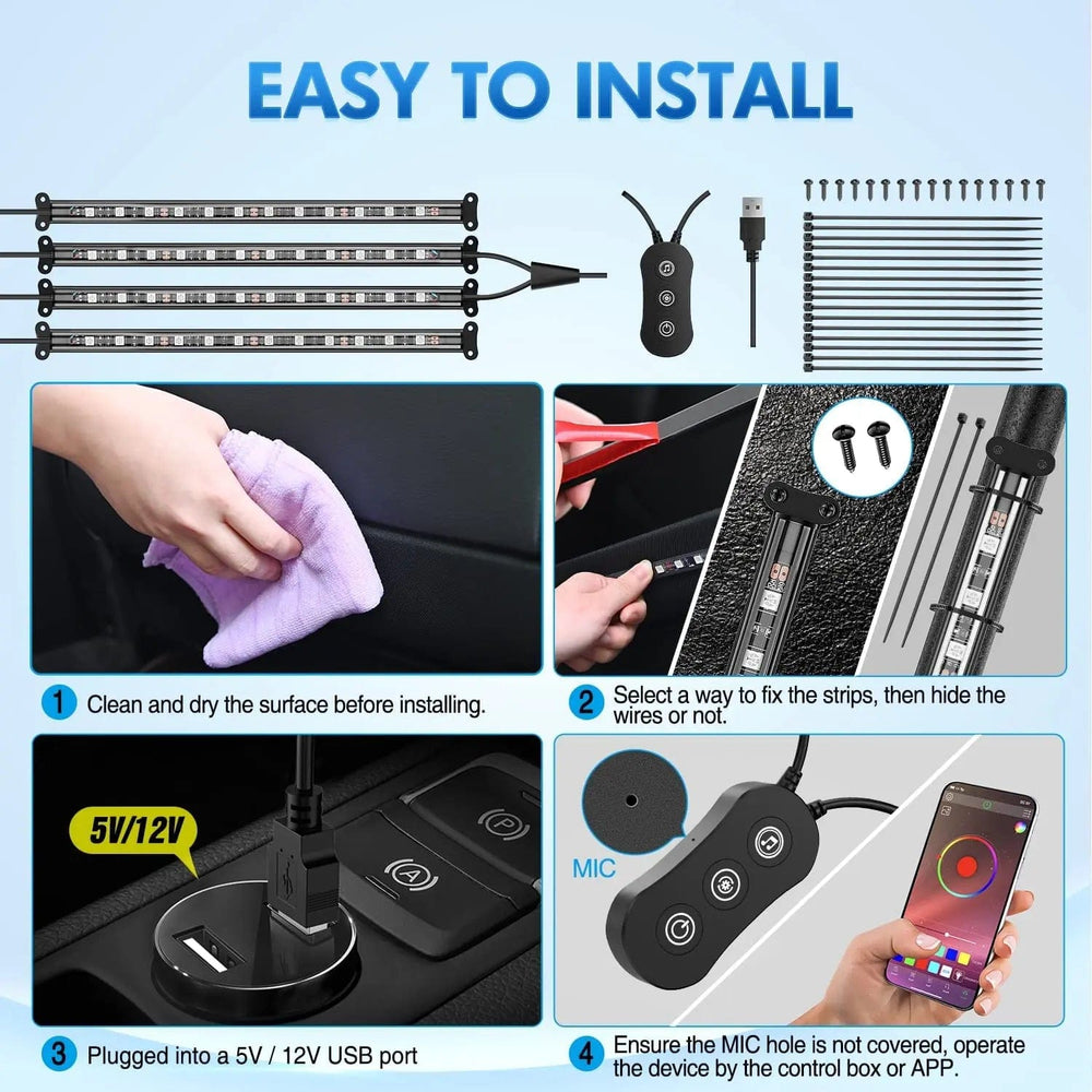 led light strip 48Leds RGB USB Interior Light Strip APP Remote Control 4PCS