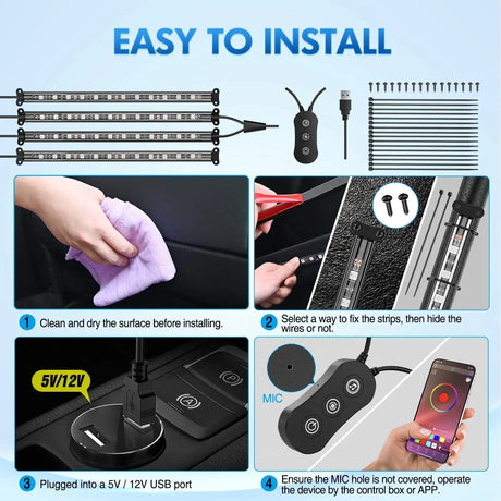 led light strip 48Leds RGB USB Interior Light Strip APP Remote Control 4PCS