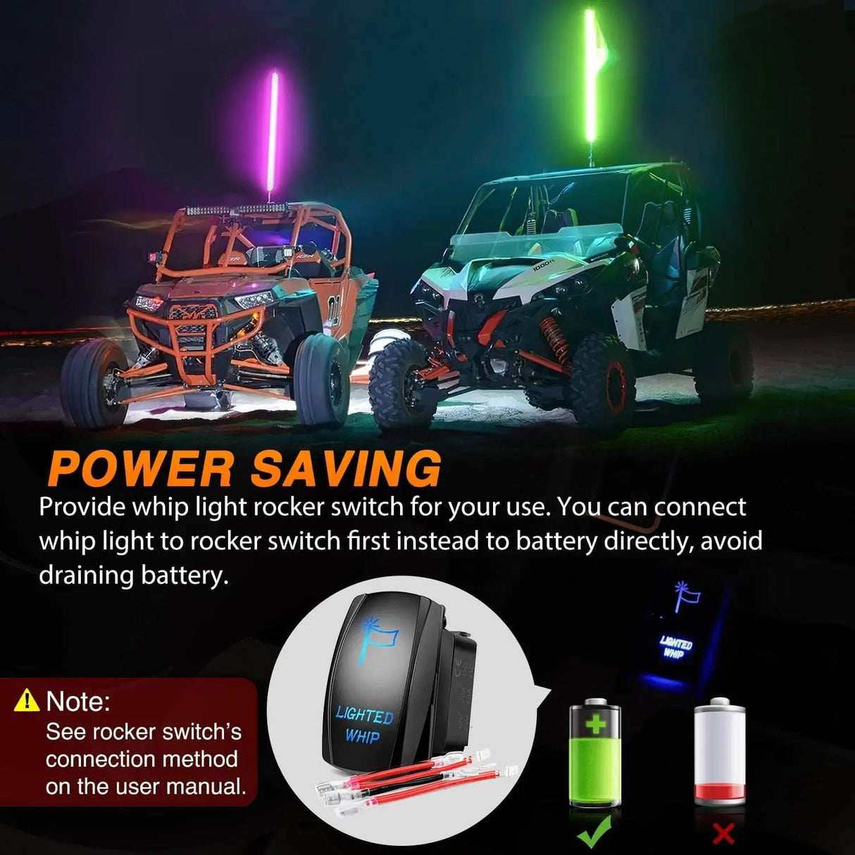 LED Whip Light 4FT Spiral Antenna Led Whip Light RF Remote Control | 8.6FT Wire 5Pin Switch