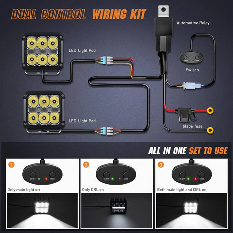 LED Light Bar 4" 60W 6487LM Square DRL Spot LED Pods (Pair) | 16AWG DT Wire