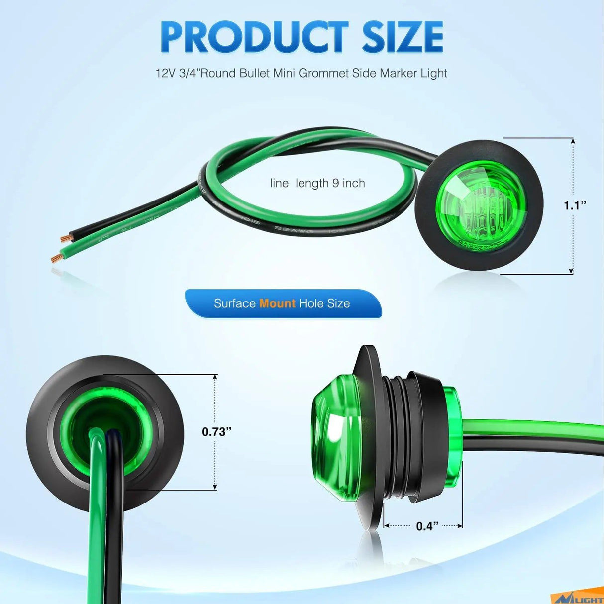 Trailer Light 3/4” Green Round LED Marker Lights (10 Pcs)