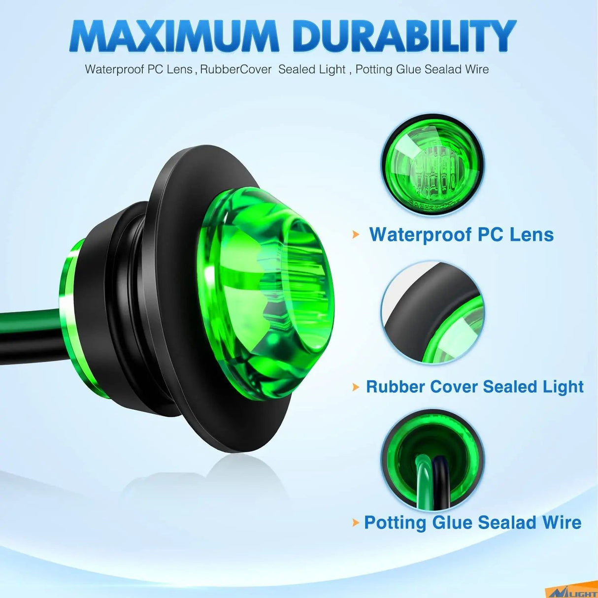 Trailer Light 3/4” Green Round LED Marker Lights (10 Pcs)