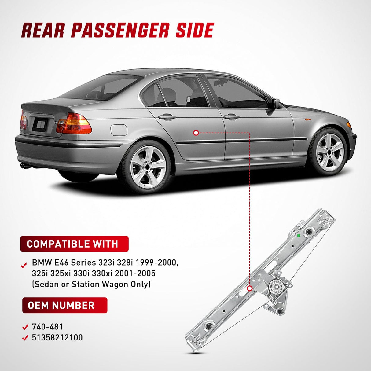 Window Regulator 740-481 Rear Passenger Side Window Regulator with Motor, Compatible with 1999–2005 BMW E46 323i 328i 325i 325xi 330i 330xi (Sedan/Wagon Only), Power Window Lift Assembly, OE Replacement