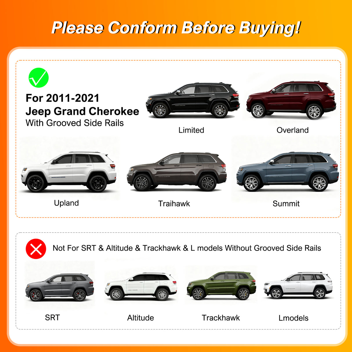 2011 2012 2013 2014 2015 2016 2017 2018 2019 2020 2021 Jeep Grand Cherokee Aluminum Anti-Theft Lock Roof Rack Cross Bars