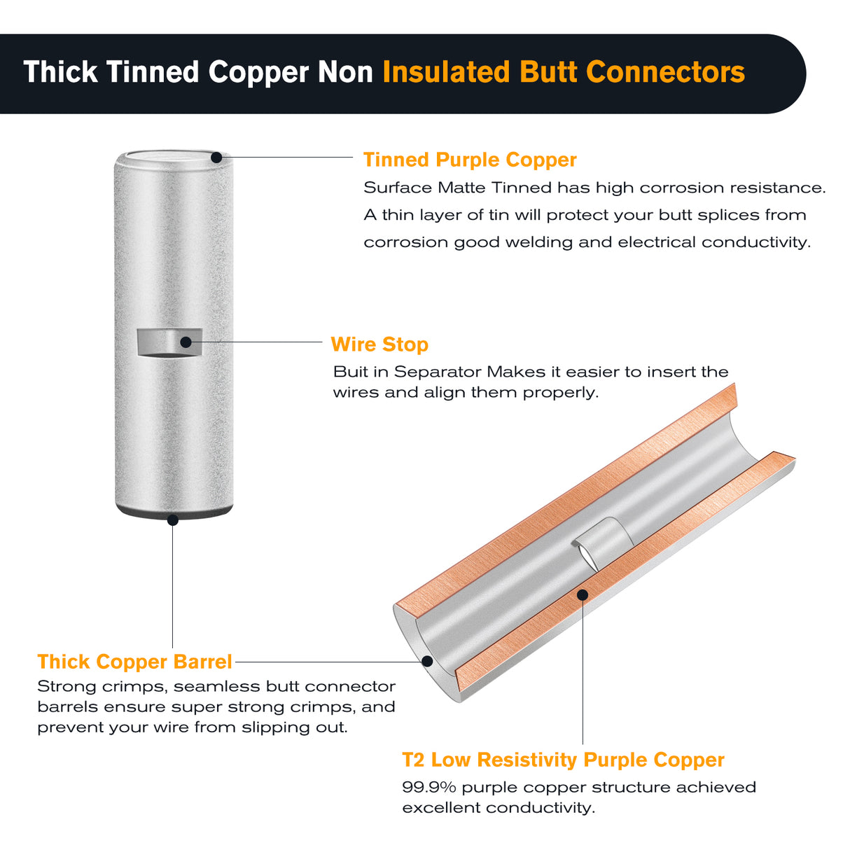 Nilight 100PCS Non Insulated Butt Connectors Kit AWG 24-8 Uninsulated Crimp Butt Connectors Pure Copper Tin Coated Crimp Terminals for Motorcycle Motorbike Car Truck Boats