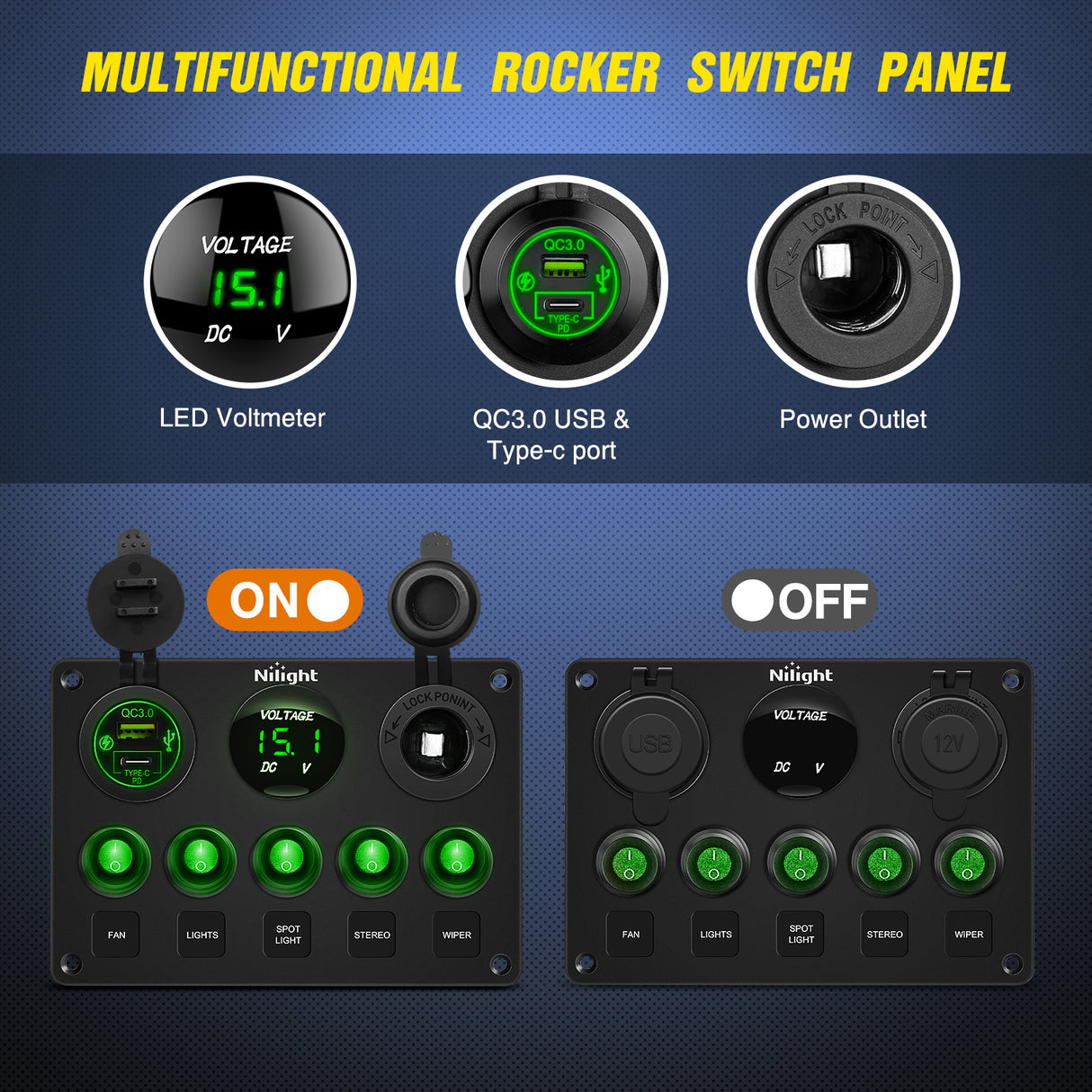 switch panel 5 Gang Multi Function Waterproof Switch Panel PD Type C and USB Socket Digital Voltmeter 12V Outlet Rocker with Inline Fuse for RVs Cars Boats Trucks Trailers Green