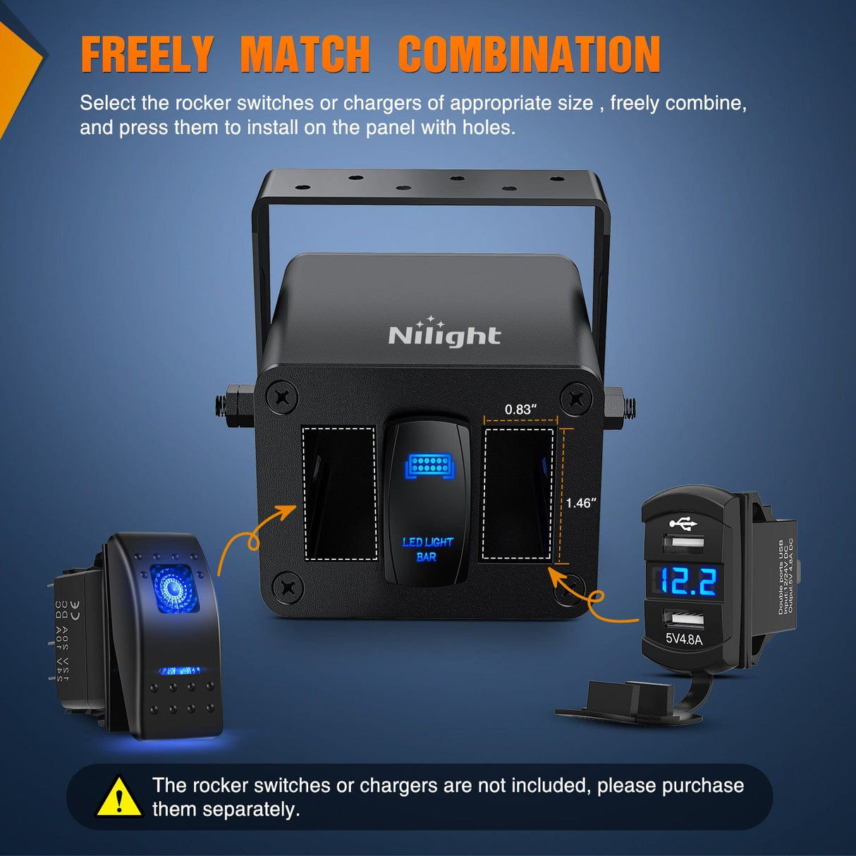 Rocker Switch 3 Gang Rocker Switch Box 3 Holes Panel Detachable Installation Housing Waterproof Aluminum Rotatable Mount Bracket 12V 24V DIY Toggle Switches Voltmeter USB Socket for Boats Cars RVs Trucks