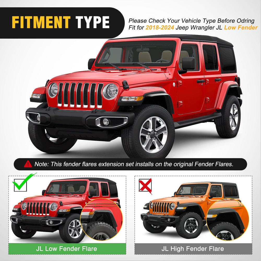 Fender Fender Flares Extensions Set Compatible with 2018 2019 2020 2021 2022 2023 2024 Wrangler JL and JLU Unlimited 2/4 Doors (Only for Low Wheel Arches)