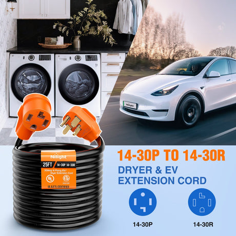 RV Parts 25FT EV Dryer Extension Cord 4 Prong 30 Amp NEMA 14-30P 14-30R Old Cable Heavy Duty 10 Gauge Pure Copper Wire UL Listed 125/250V for Level 2 Using