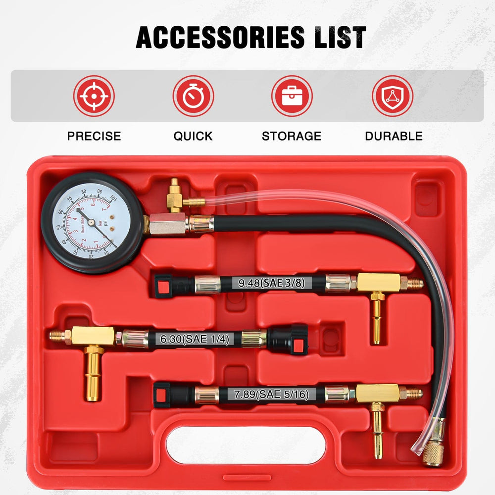 inflator 4pcs Fuel Pressure Gauge Tester Kit with 6.30 7.89 9.49 Fuel Line Fittings