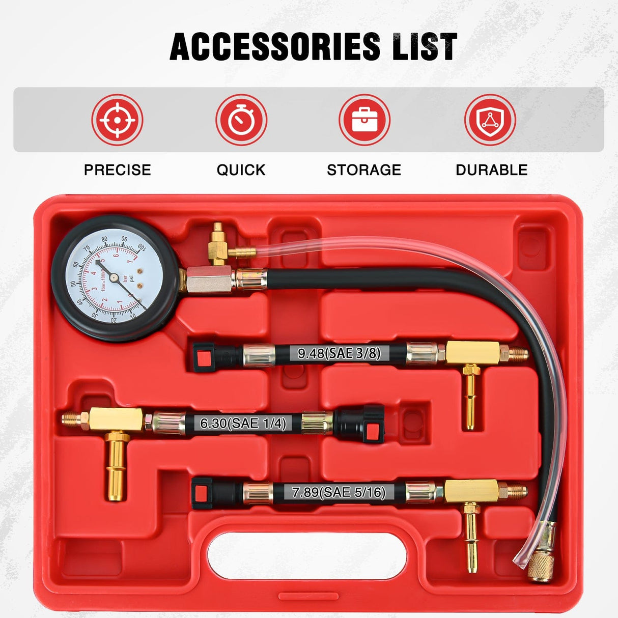 inflator 4pcs Fuel Pressure Gauge Tester Kit with 6.30 7.89 9.49 Fuel Line Fittings
