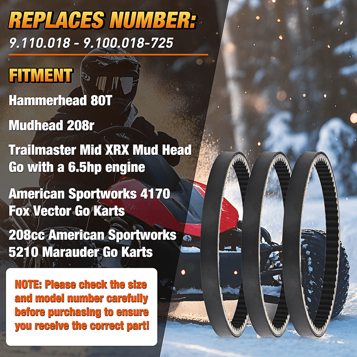 Vehicle Parts & Accessories 725 Go Kart Drive Belt Fit for Hammerhead 80T Mudhead 208R 14704 Trailmaster Mid Karts MB200 XRX Mud Head Go Kart 6.5HP Engine 30 Series Torque Converter Belt Replacement 9.100.018-725, 3 Pack