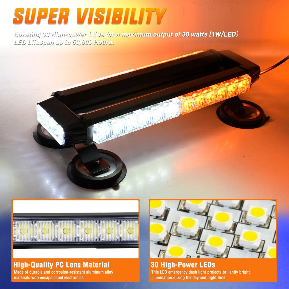 LED Light Bar 14.5 Inch 30LED Strobe Light Bar Double Side Rooftop Emergency Flashing Lights Amber White Safety Warning Hazard Light Bars with Magnetic Base for Construction Vehicles Plow Trucks Pickup