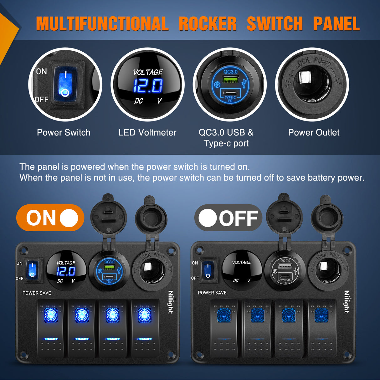 Nilight 4 Gang Rocker Switch Panel Waterproof Pre-Wired Aluminum Power Control Marine Panels with PD Type C and USB Cigarette Lighter Socket Voltmeter 12V 24V ON Off Switches for Car Trucks Boats RVs