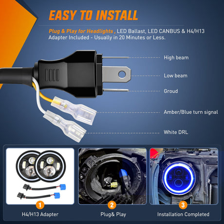 LED Headlight 7 Inch Round LED Halo Headlights w/Turn Signal Amber Light Blue DRL High Low Beam 7Inch Headlight Compatible with 2007 2008 2009 2010 2011 2012 2013 2014 2015 2016 2017 2018 Wrangler JK JKU