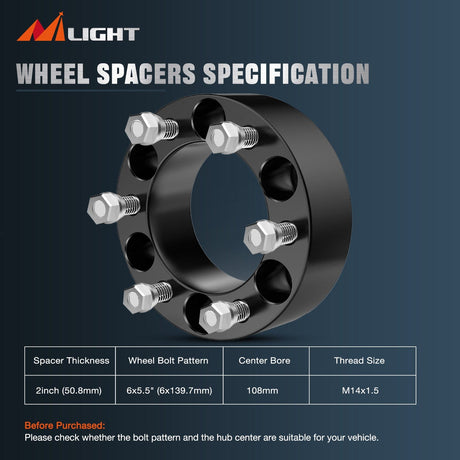 Wheel Spacers 2inch (50mm) Wheel Spacers 4Pcs For 1999 2000 2021 Chevy Silverado GMC Sierra 1500 Yukon XL Avalanche | 6x139.7 | 108 Hub Bore | 14x1.5 Studs