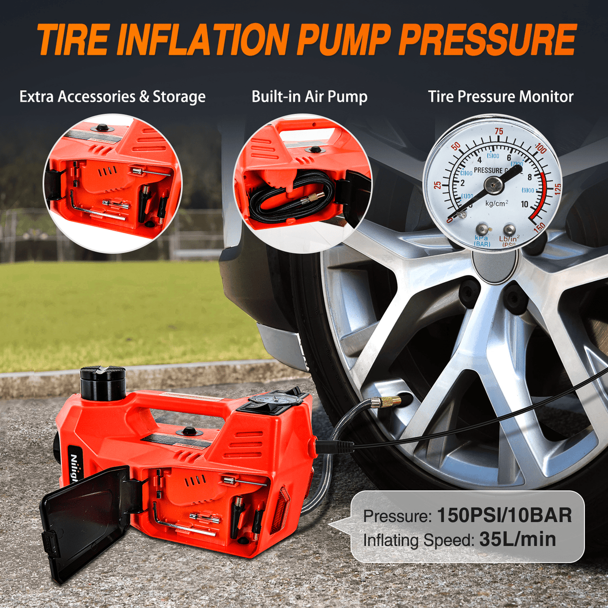 Car Jack Electric Car Jack 5 Ton 12V Hydraulic with Inflatable Pump LED Light 3 in 1 Portable Floor Jack for Tire Change