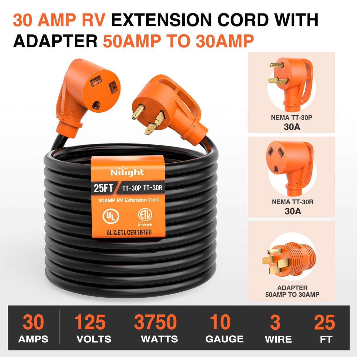 RV Parts 50FT 30 Amp RV Extension Cord with Adapter 50Amp to 30Amp 125V Heavy Duty 10/3 Gauge Pure Copper STW Wire UL ETL Listed 3 Prong TT-30P TT-30R Weatherproof Suit for Generators Campers