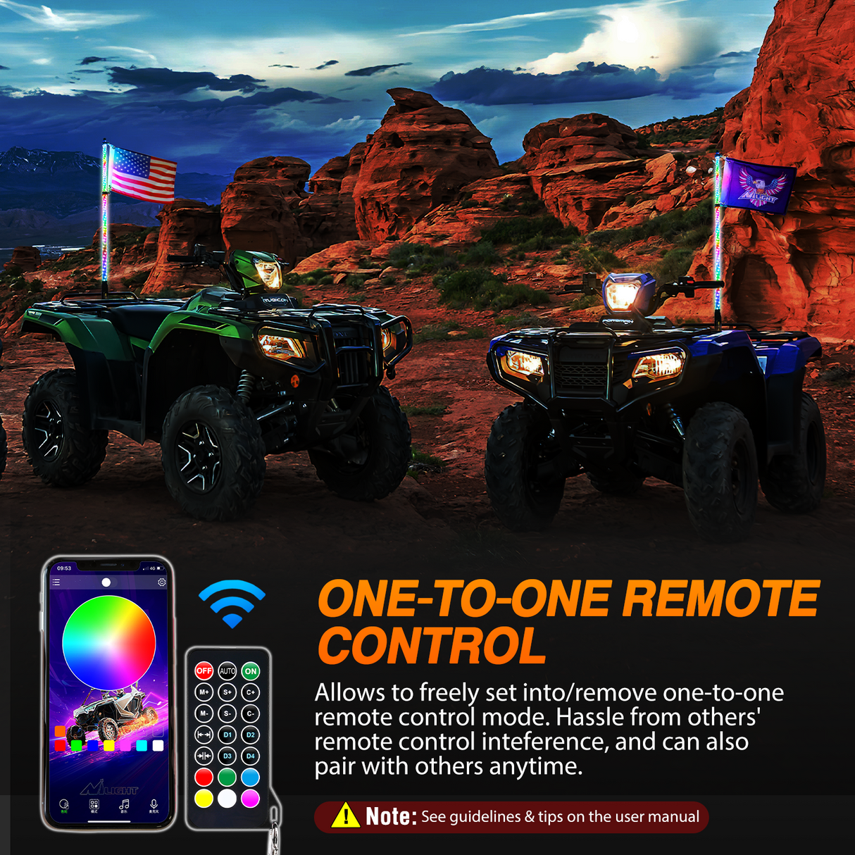 RGB Whip Light 1PC 4FT Lighted Antenna Whips with Remote & App Control DIY Chasing Patterns Brake Reverse Lights for ATV UTV Polaris RZR Can-am Dune Buggy Pickup Trucks Jeep