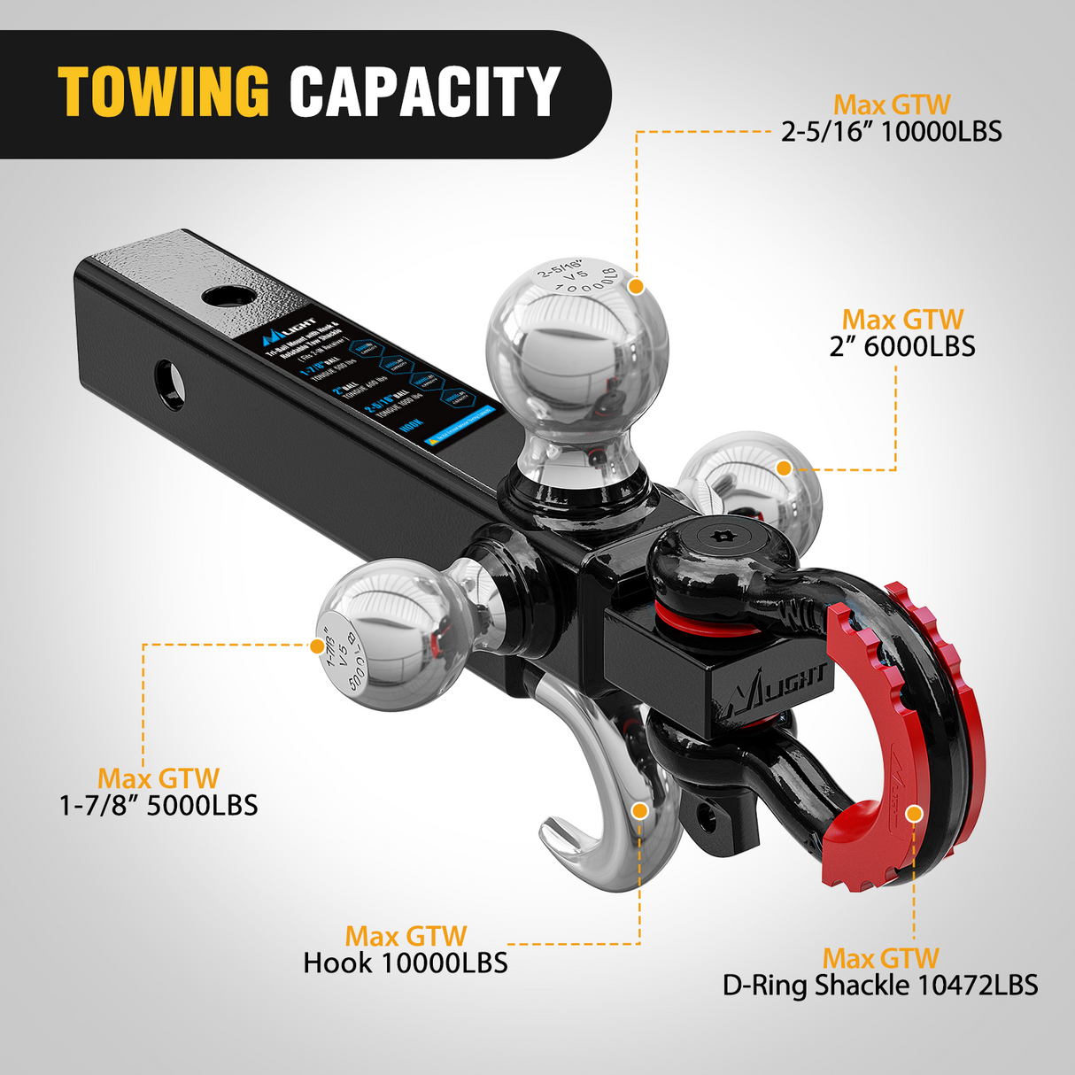 Trailer Hitch Tri-Ball Mount with Hook and Rotatable Tow Anti-Theft 3/4Inch Shackle Fits for 2inch Receiver Ball Size 1-7/8Inch 2Inch 2-5/16Inch GTW from 5000lbs to 10000lbs for RV SUV ATV Truck