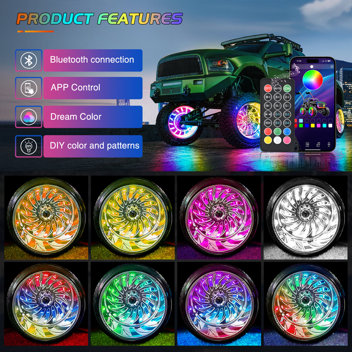 4PCS 15.5inch Double Row Wheel Ring Lights Dream Color with APP and Remote Control Neon Lights w/Turn Signal and Braking Function Dual Row for Car Van SUV Truck