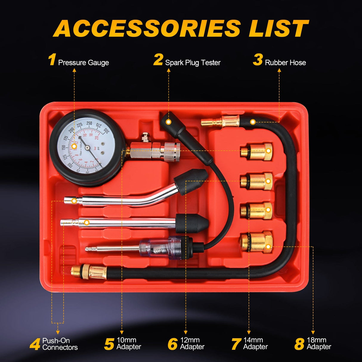 inflator 9PCS Petrol Gas Engine Cylinder Compression Tester Kit