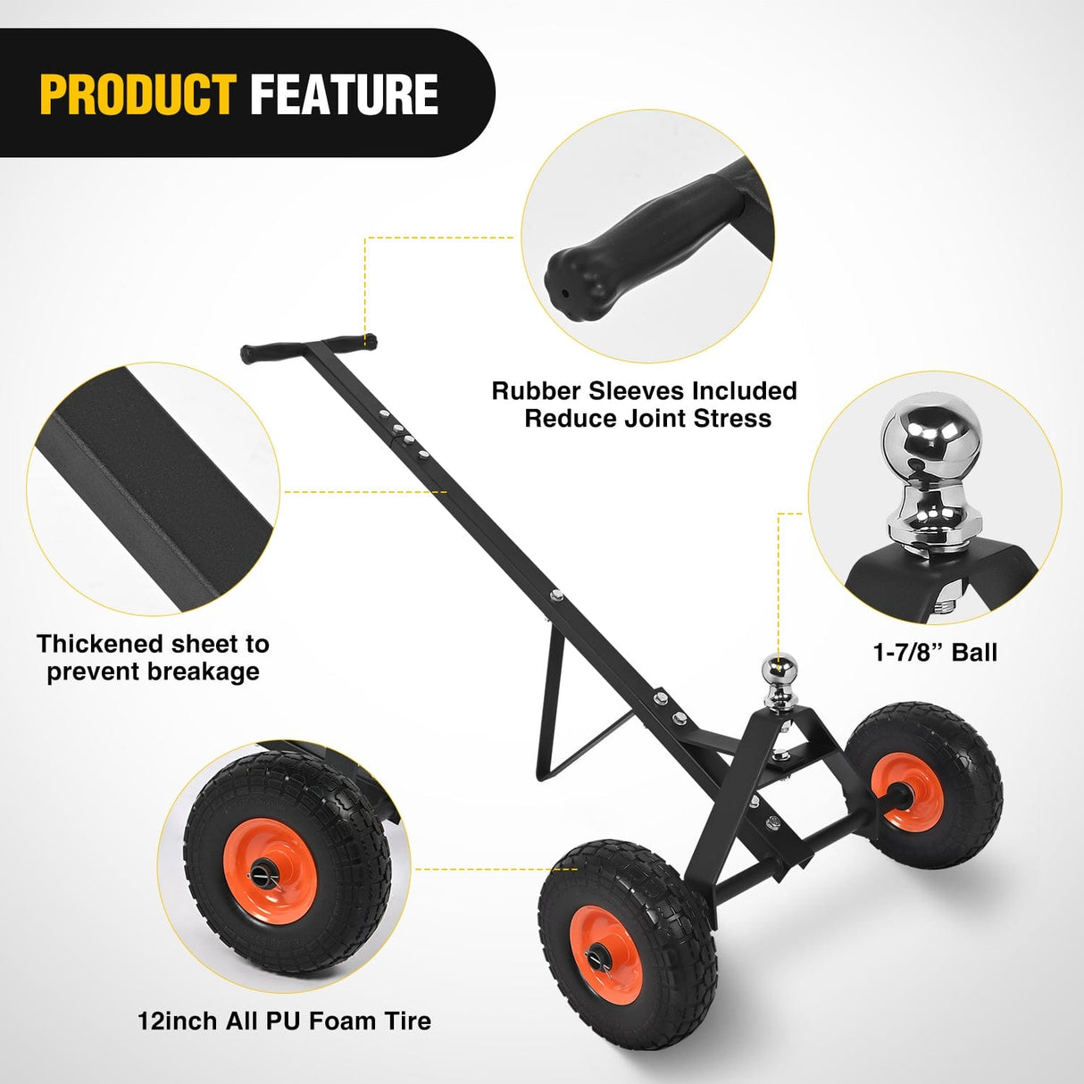 Trailer Dolly Boat Trailer Dolly Solid Steel Heavy Duty 600 Pound Capacity with 12Inch Polyurethane Tires 1-7/8Inch Hitch Ball