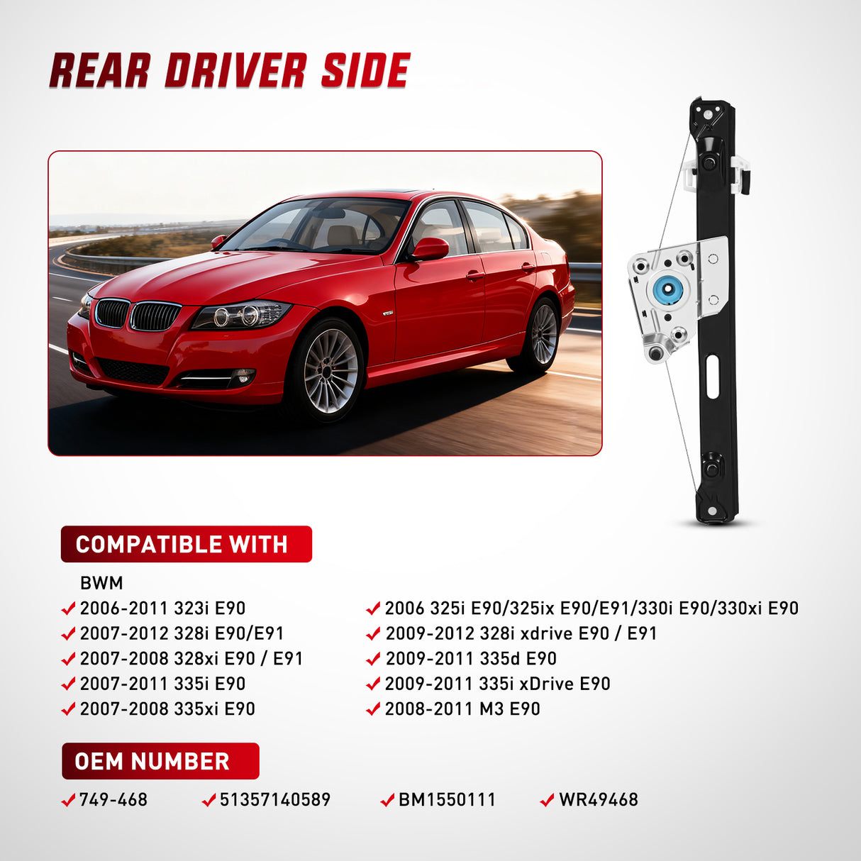 749-468 Rear Driver Side Power Window Regulator,Compatible with BMW E90 E91 323i 325i 325xi 328i 328i xDrive 330i 330xi 335i 335xi M3 2006 2007 2008 2009 2010 2011