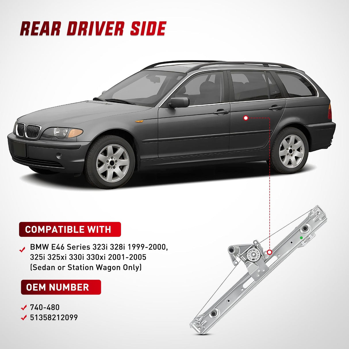 Window Regulator 740-480 Rear Driver Side Window Regulator with Motor, Compatible with 1999–2005 BMW E46 323i 328i 325i 325xi 330i 330xi (Sedan/Wagon Only), Power Window Lift Assembly, OE Replacement