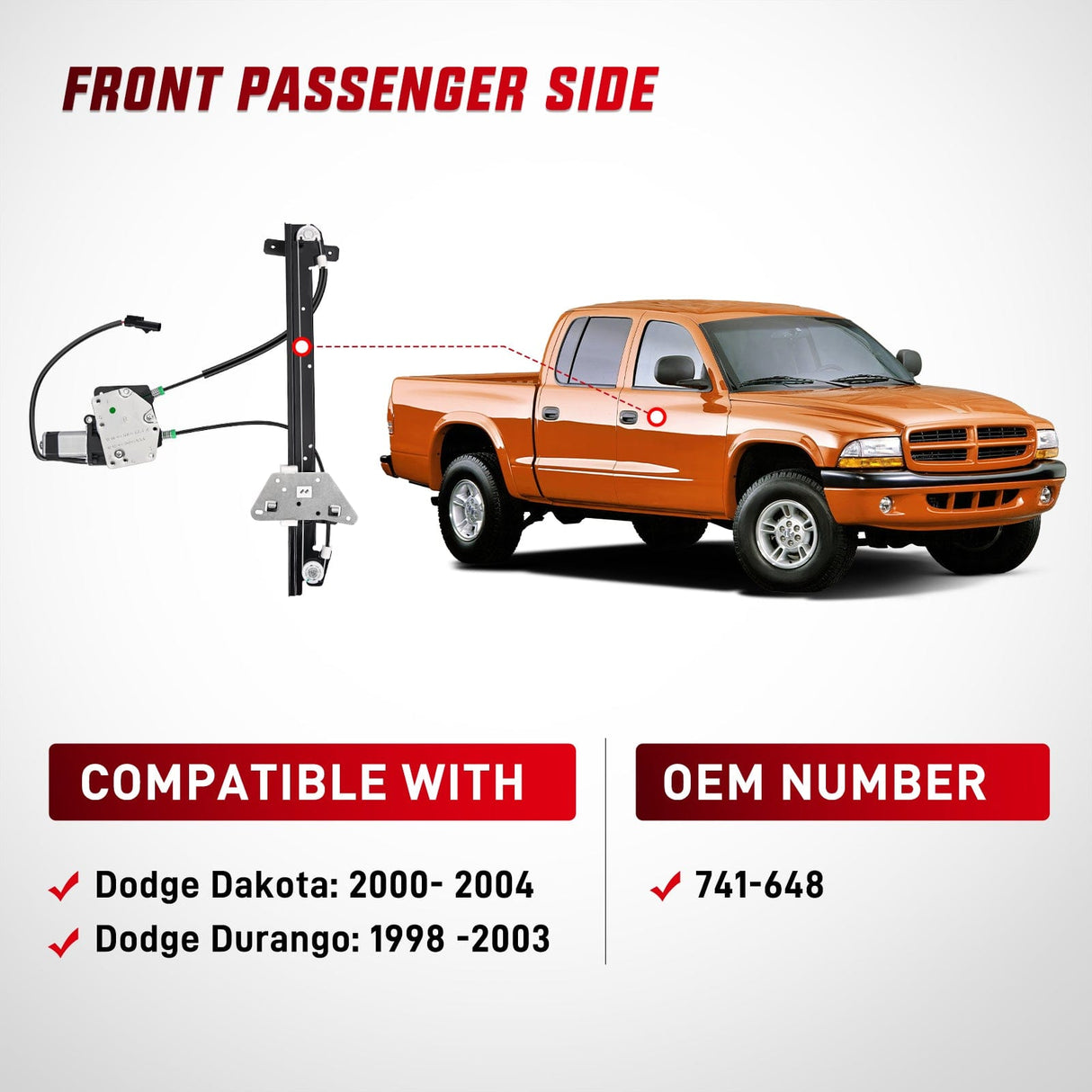 Window Regulator 741-648 Power Window Regulator and Motor Front Passenger Side Compatible with Dodge Dakota 2000 2001 2002 2003 2004,Dodge Durango 1998 1999 2000 2001 2002 2003,Front Left Side