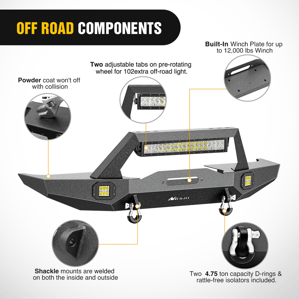Front Bumper 1984 1985 1986 1987 1988 1989 1990 1991 1992 1993 1994 1995 1996 1997 1998 1999 2000 2001 Jeep Cherokee XJ Front Bumper Winch Plate 120W Light Bar 18W Light Pods