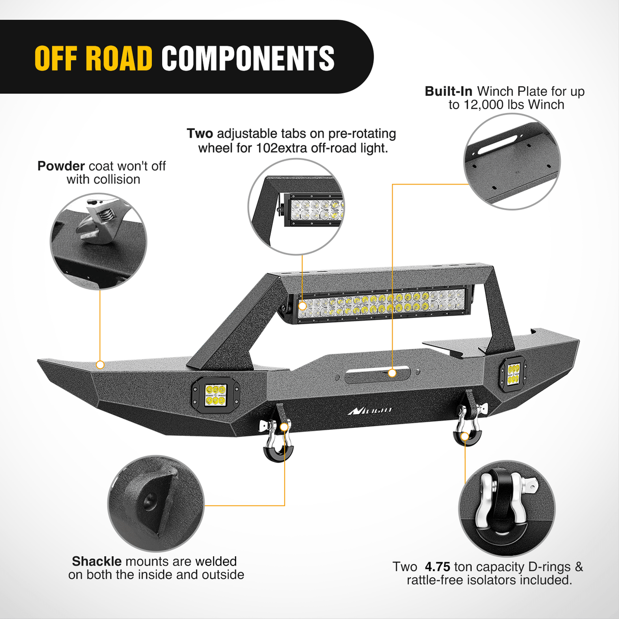 Front Bumper 1984 1985 1986 1987 1988 1989 1990 1991 1992 1993 1994 1995 1996 1997 1998 1999 2000 2001 Jeep Cherokee XJ Front Bumper Winch Plate 120W Light Bar 18W Light Pods