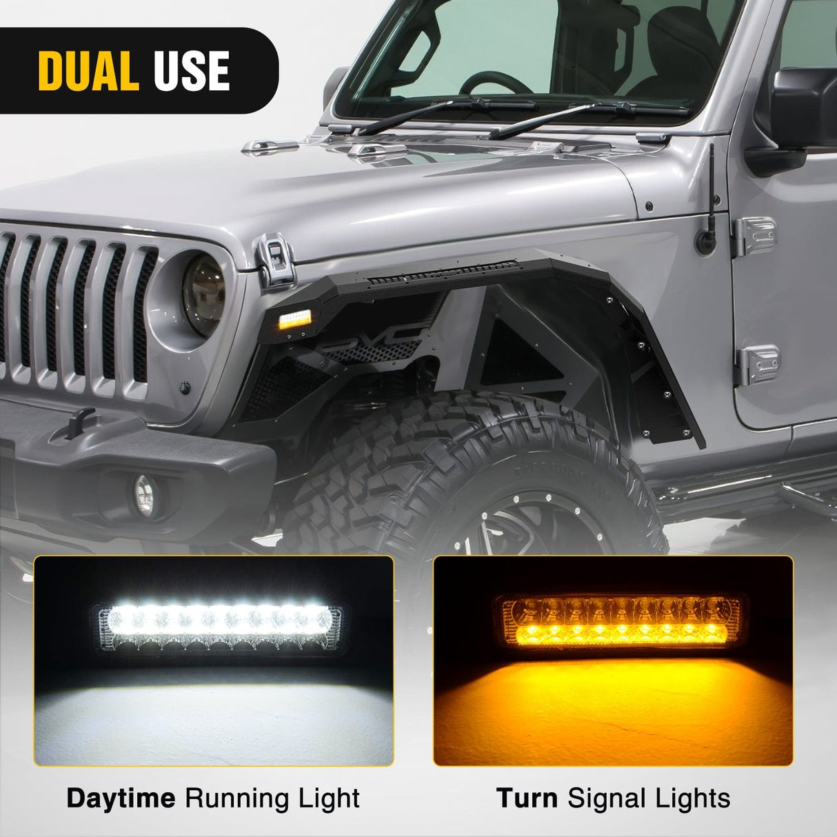 Fender 2018 2019 2020 2021 2022 2023 2024 2025 Jeep Wrangler JL & JLU Unlimited 2/4Doors (No fit 2020+ Gladiator JT) Wide Flat Front Fender Flares w/LED Lights Turn Signal Lights DRL