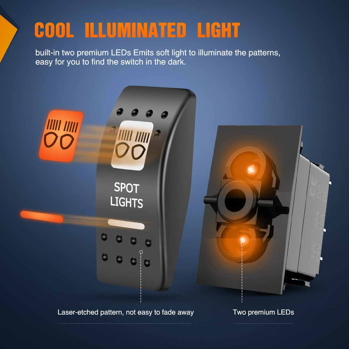 Nilight UTV Spot Lights Rocker Switch On Off 5 PIN SPST LED Light Bar Switches with Orange Backlit 12V 24V Toggle with Jumper Wires Set for ATVs UTVs Cars Trucks RVs