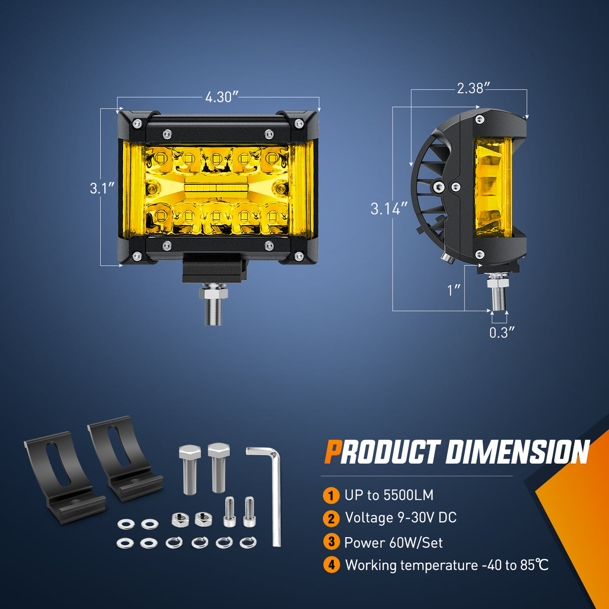 Nilight Side Shooter LED Light Bar 2PCS 4.3Inch Triple Row Spot Flood Combo Yellow Beam Lighting with 5Pin Rocker Switch Wiring Harness Kit for Off Road Light on Truck SUV ATV UTV