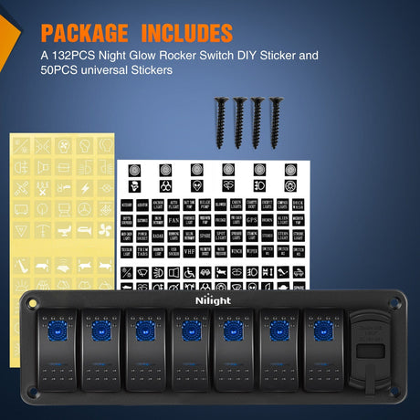 Rocker Switch 7 Gang Switch Panel With QC3.0 & PD Charger And Voltmerter with Blue Backlit