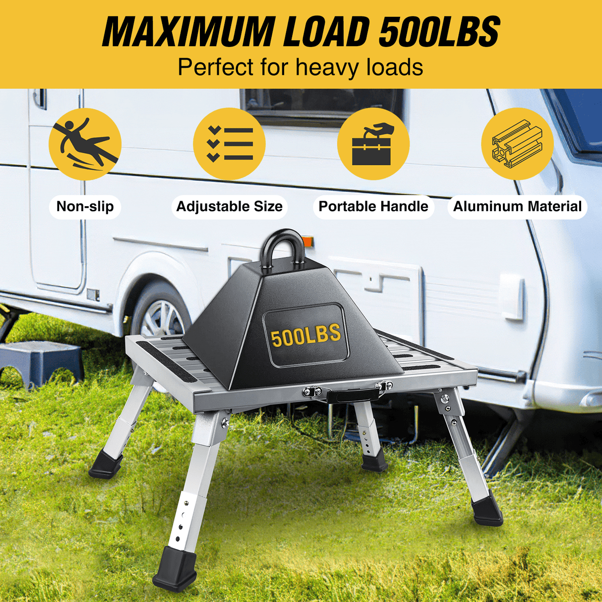 RV Parts RV Step Stool Aluminum Folding Platform Steps 19x14.5 RV Steps 4 Levels Adjustable Step Stool with Anti-Slip Surface Rubber Feet Handle