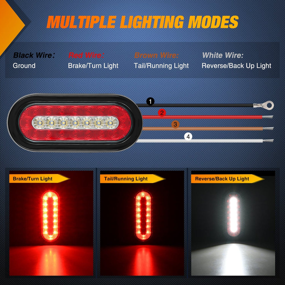 Tail Brake Turn Reverse Lights 6Inch Red White Oval Tail Light w/ Mounting Bracket (Pair)