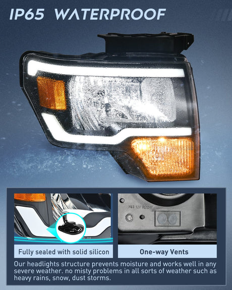 Headlight Assembly 2009 2010 2011 2012 2013 2014 Ford F150 Headlight Assembly Black Case Amber Reflector Clear Lens