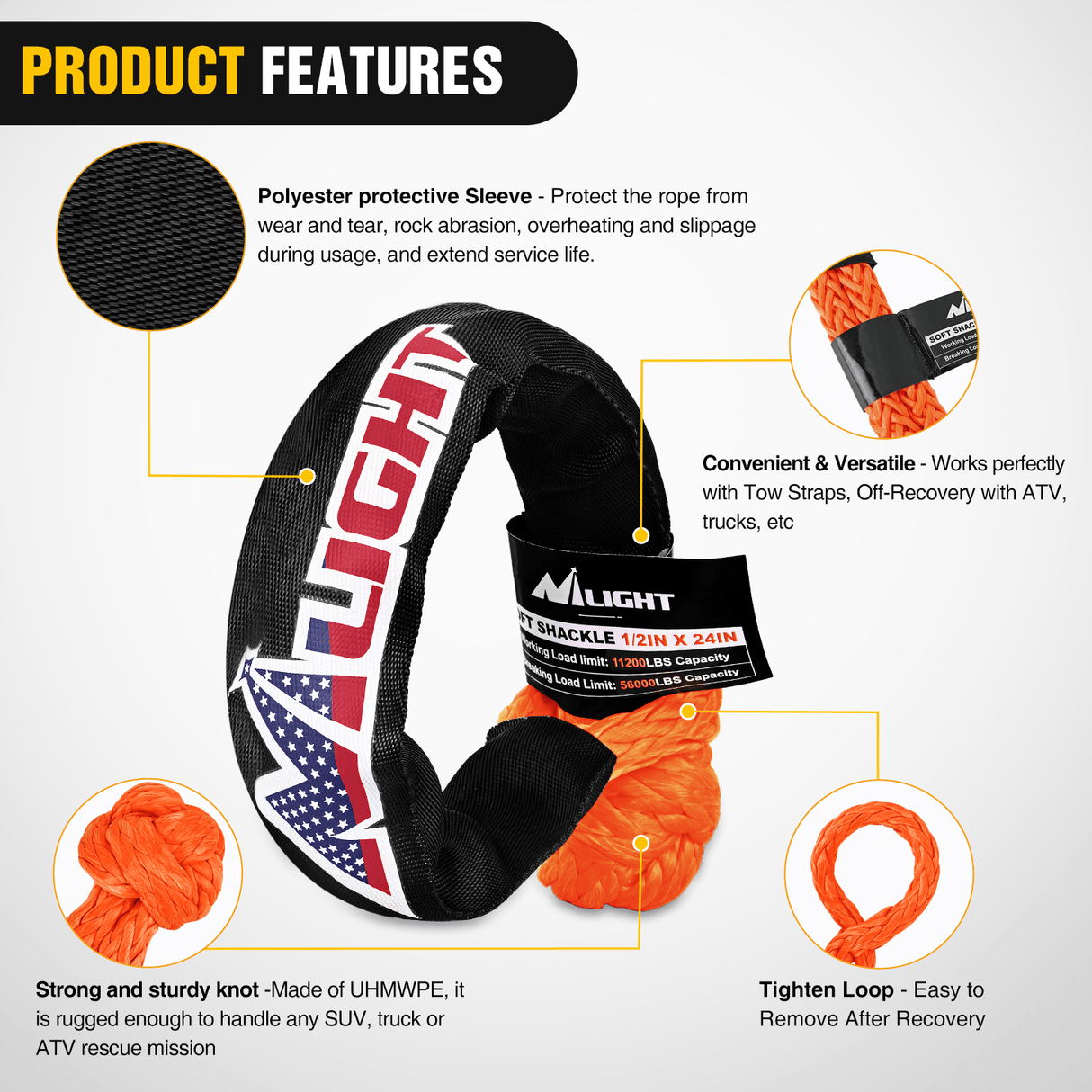 Shackle Recovery Ring 1/2inch x 24inch Synthetic Soft Shackle Recovery Ring Kit