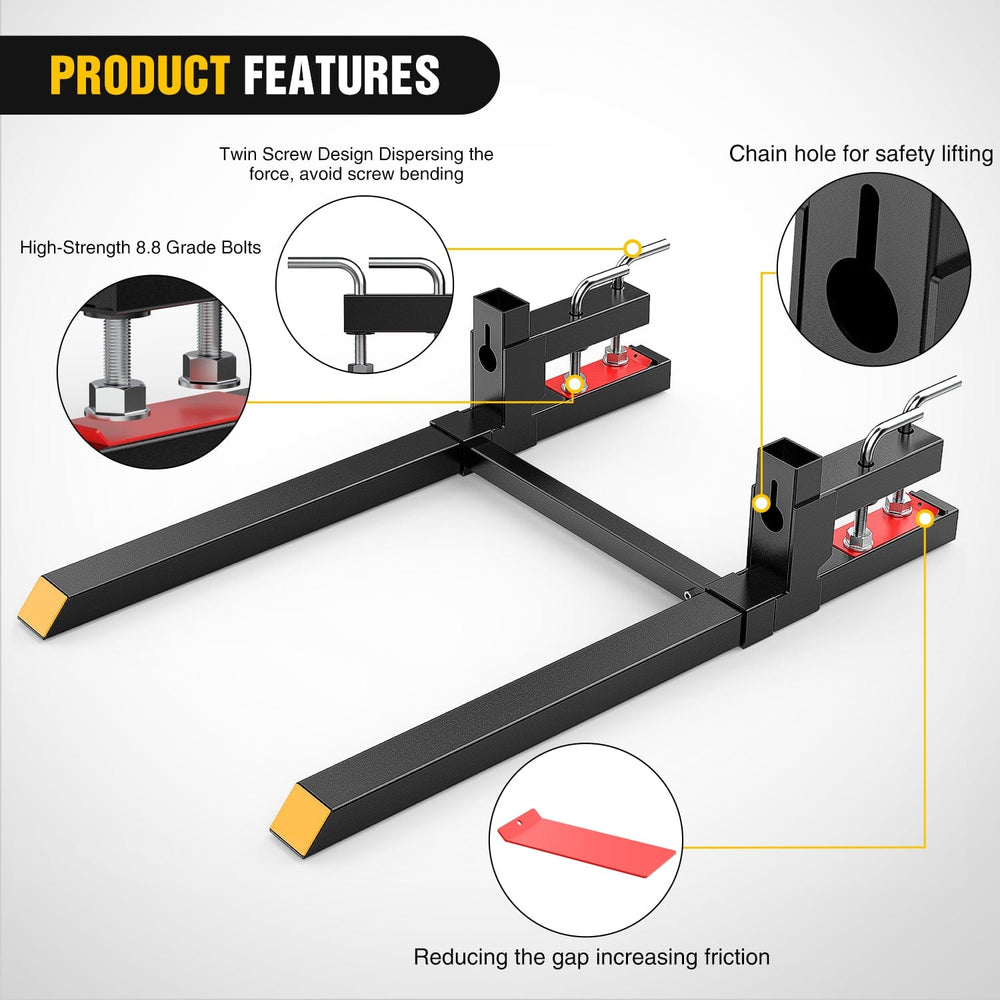 Tractor Hook 60Inch 4000lbs Clamp on Pallet Forks Heavy Duty Tractor Forks with Adjustable Stabilizer Bar