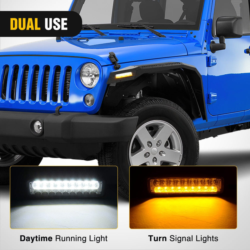 Fender 2007 2008 2009 2010 2011 2012 2013 2014 2015 2016 2017 2018 Jeep Wrangler JK 2/4 Door Wide Flat Front Fender Flares w/LED Lights Turn Signal Lights DRL