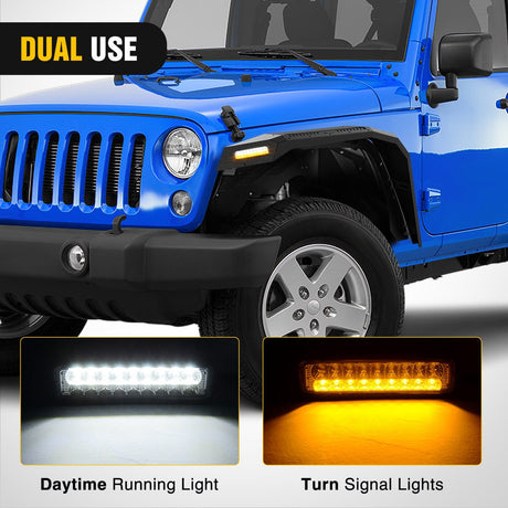 Fender 2007 2008 2009 2010 2011 2012 2013 2014 2015 2016 2017 2018 Jeep Wrangler JK 2/4 Door Wide Flat Front Fender Flares w/LED Lights Turn Signal Lights DRL