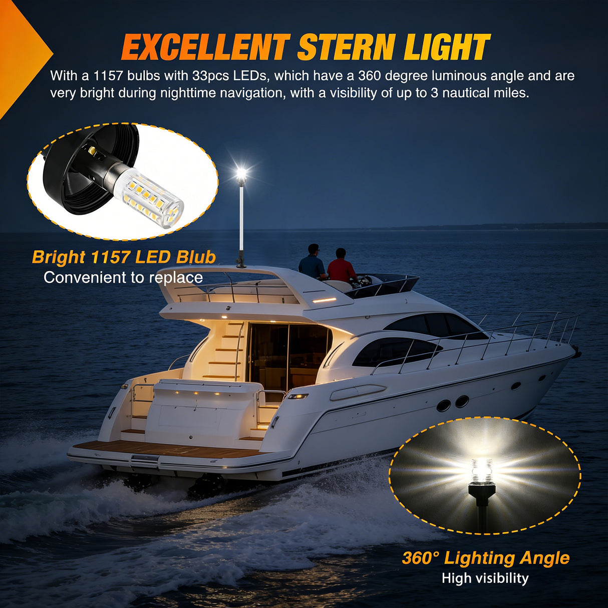 LED Work Light 24 Inch White Folding Stern Light for Marine Boats