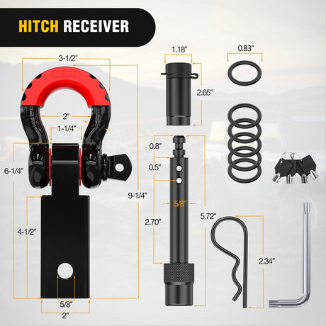 Shackle Recovery Ring 3 x 20 Inch Recovery Tow Strap Kit with 2Inch Hitch Receiver and 3/4Inch Anti-Theft D-Ring Shackles