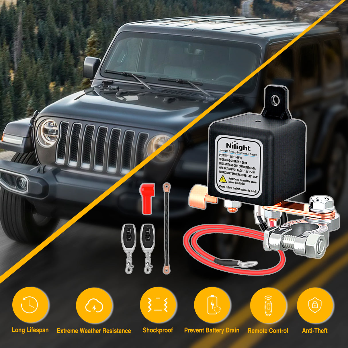 Remote Battery Disconnect Switch 12V 250A Car Anti-Theft Kill Switches Upgrade Prevent Power Drain with Wireless Remote Control Relay Fobs Black Negative Cable for Auto Truck RV Boat