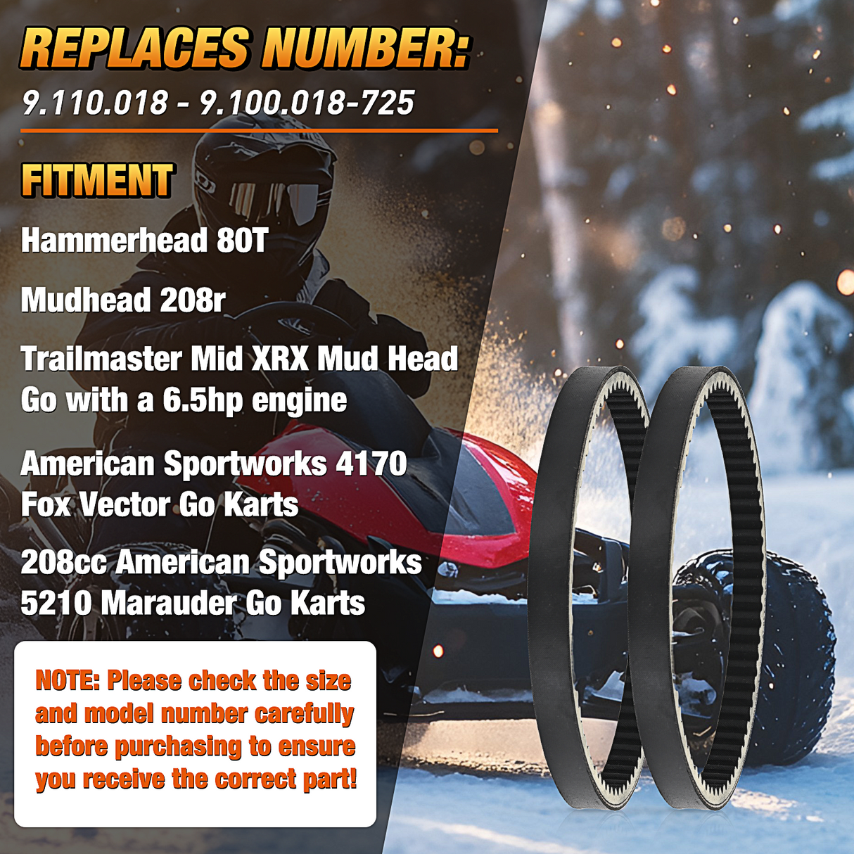 725 Go Kart Drive Belt Fit for Hammerhead 80T Mudhead 208R 14704 Trailmaster Mid Karts MB200 XRX Mud Head Go Kart 6.5HP Engine 30 Series Torque Converter Belt Replacement 9.100.018-725, 2 Pack