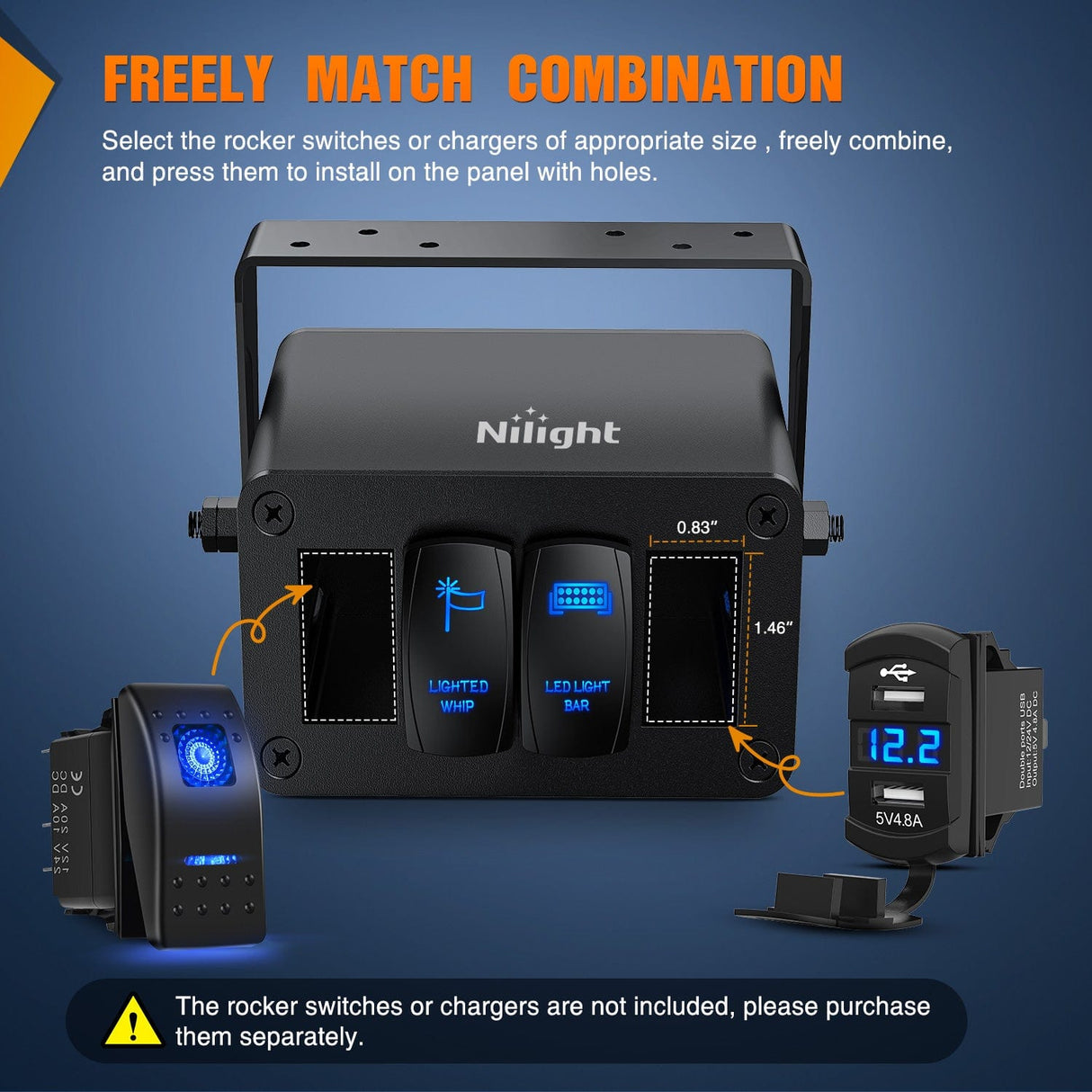 Rocker Switch 4 Gang Rocker Switch Box 4 Holes Panel Detachable Installation Housing Waterproof Aluminum Rotatable Mount Bracket 12V 24V DIY Toggle Switches Voltmeter USB Socket for Boats Cars RVs Trucks