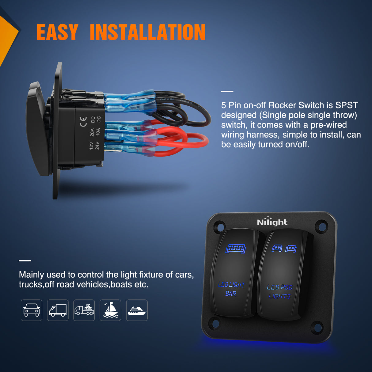 Nilight 90423B 2Gang Aluminum Laser LED Light Bar Rocker 12/24V 5Pin ON/Off Pre-Wired LED POD Lights Toggle Switch Panel with Blue LED for Marine Boat Car ATV UTV